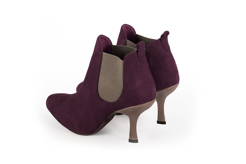 Women's wine red and taupe brown elegant Chelsea ankle boots, with side elastics. Round toe. High spool heels - Rear view